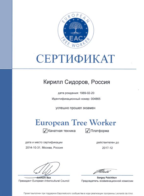Сертификат о прохождении курса ETW - European Tree Worker - Сидоров Кирилл